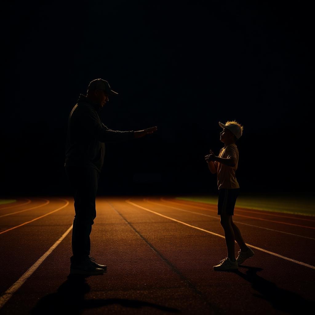 Coach guiding a young athlete on the track