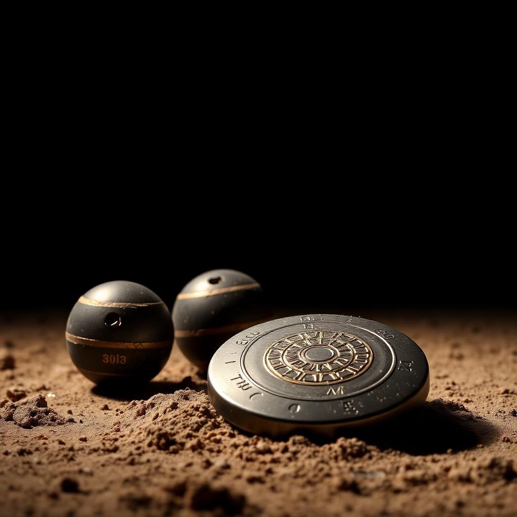 Shot put balls and a discus resting on dusty ground