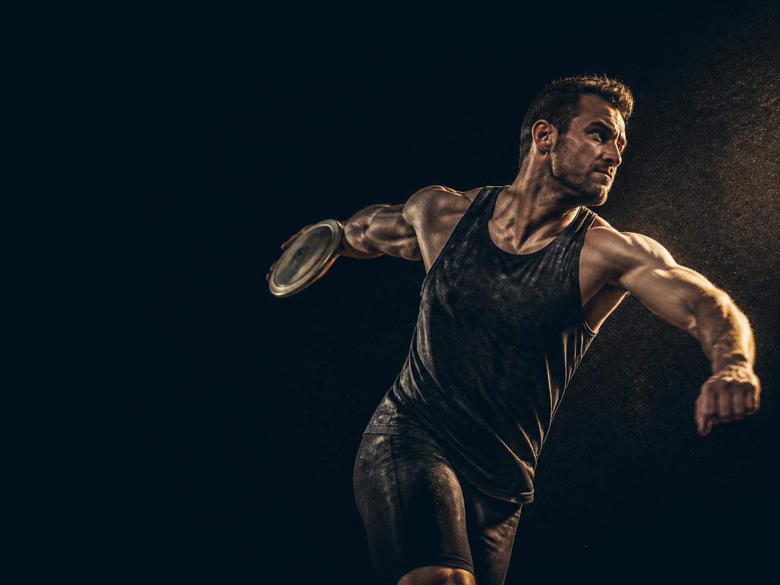 Athlete mid discus throw rotation under dramatic gold rim light